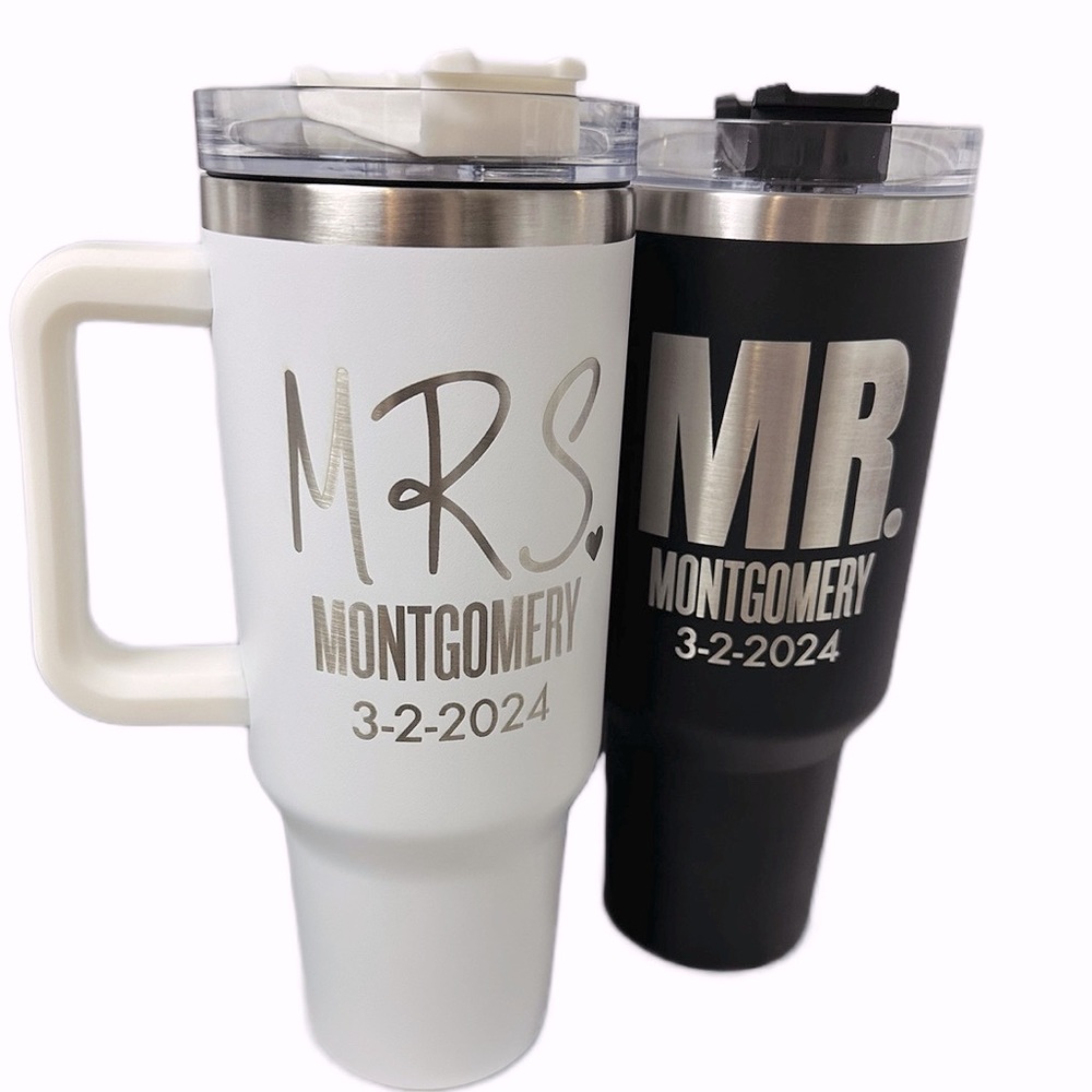 Mrs & Mr Engagement 40oz Tumbler, set of 2 (white and black) w/lid and straw
